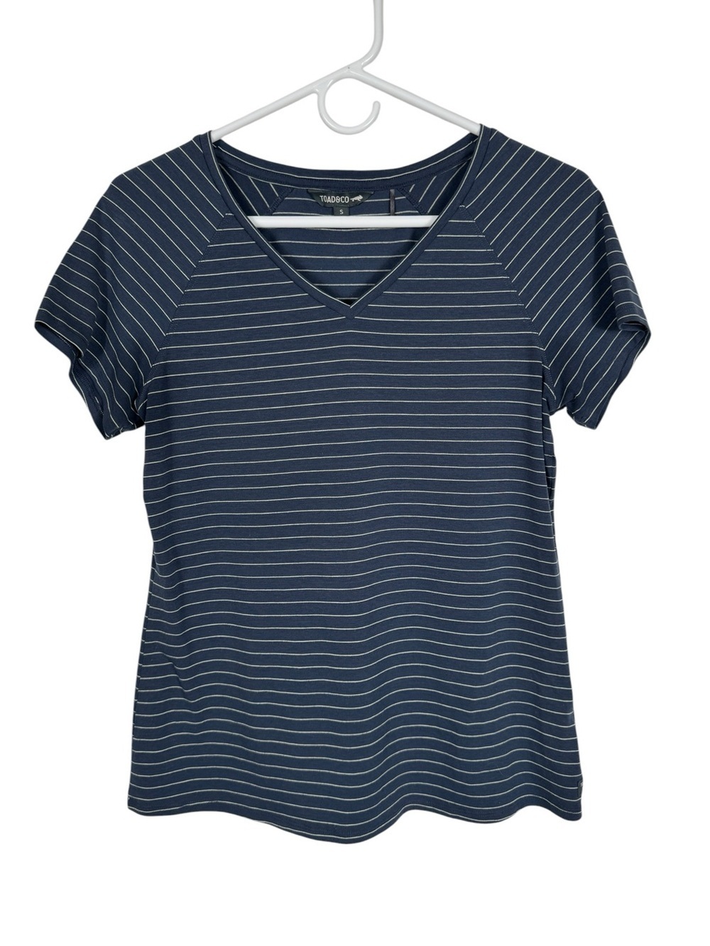 Toad & Co Striped V Neck Tee Blue White Short Sleeve, Size Small